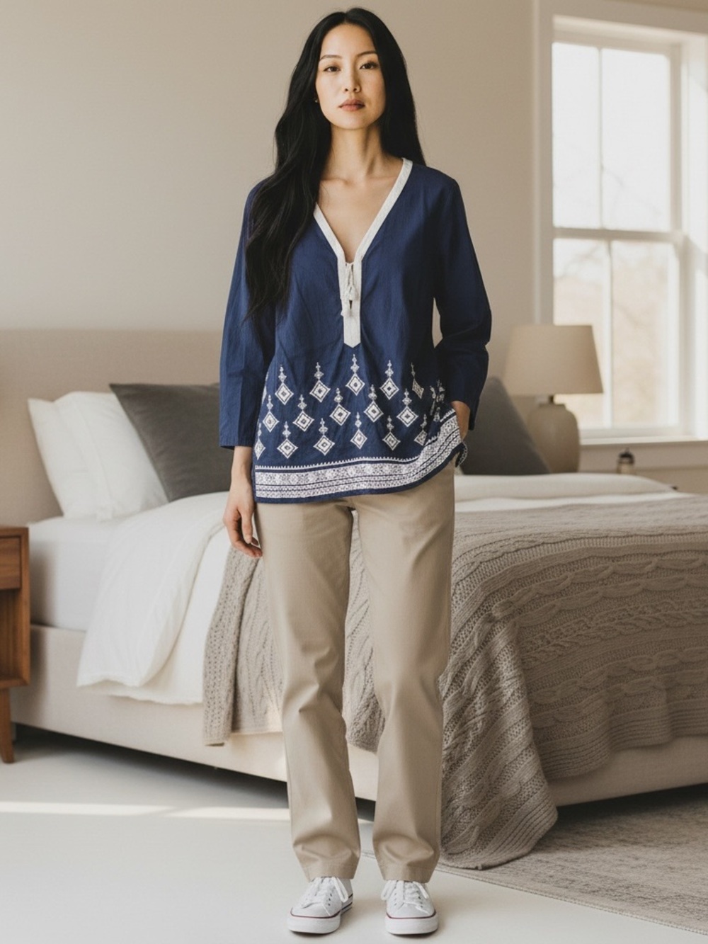 Athleta Navy Tunic with White Embroidered Hem L